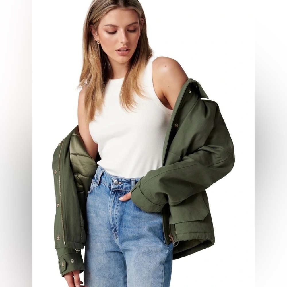 Ever New Elle Short Parka Green Olive Faux Fur Collar Casual Jacket Sz 6